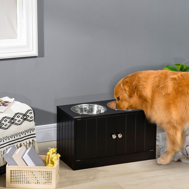 Black Dog Feeder: 23.5" x 12" x 14" Elevated Bowls with Stand, Storage for Large Dogs