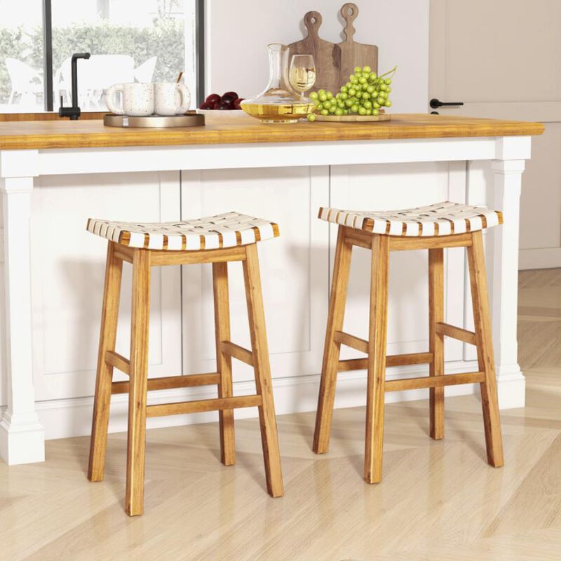 Hivvago Faux PU Leather Bar Stools Set of 2 with Woven Curved Seat Natural