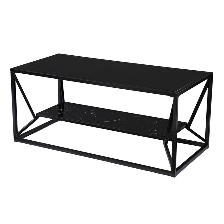 Hivvago 42 Inch  Black Glass Faux Marble And Metal Coffee Table With Shelf