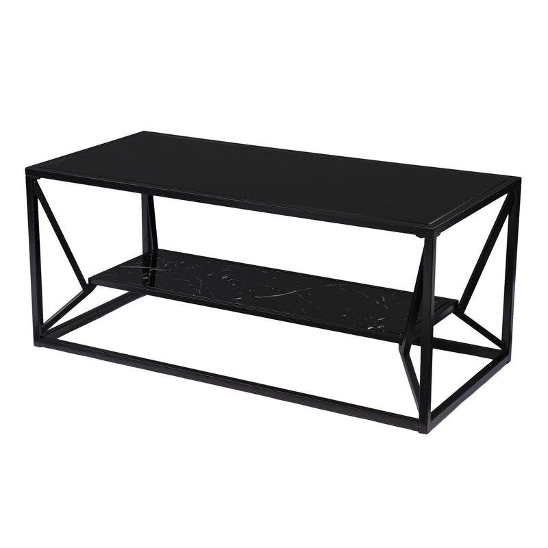 Hivvago 42 Inch  Black Glass Faux Marble And Metal Coffee Table With Shelf