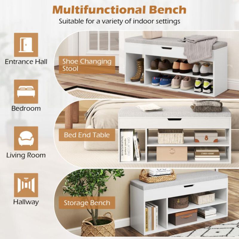 Hivvago Padded Seat Shoe Bench with Hidden Storage and 3 Open Shelves