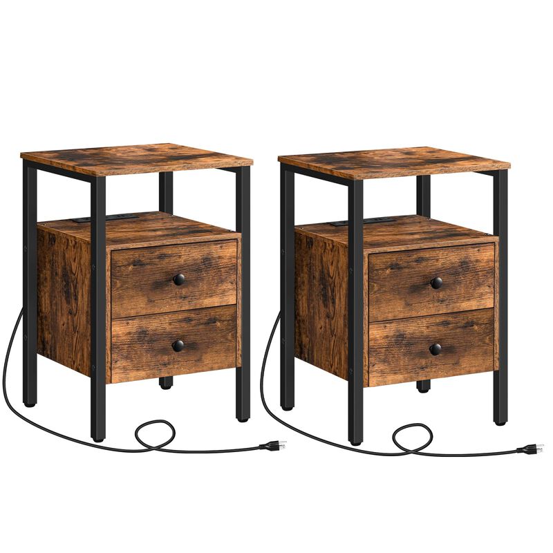 HOOBRO End Table with Charging Station and USB Ports, Side Table with Drawers and Storage Shelf, Set of 2, Bedside Table for Sma