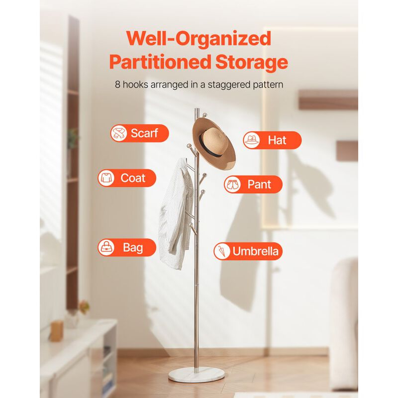 Modern Coat Rack with Marble Base and 8 Hooks, Freestanding Hall Tree image number 4