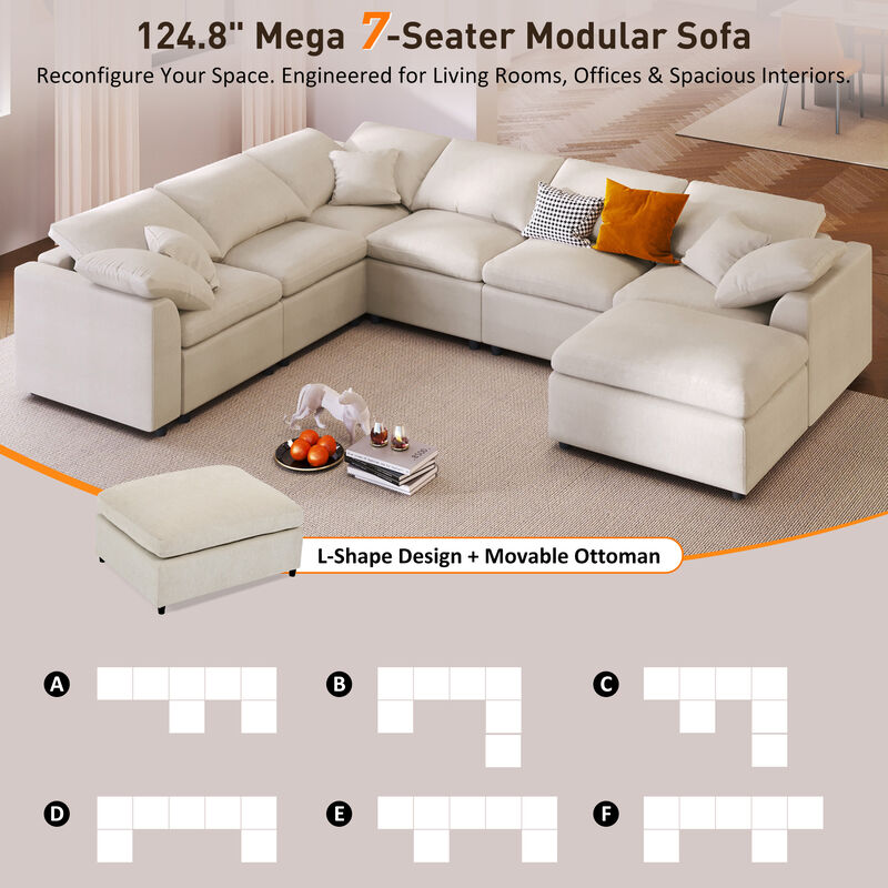 Merax Extra Large 7-Seater Modular Sectional Sofa with L-Shape Design & Movable Ottoman