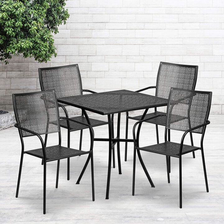 Flash Furniture Oia Commercial Grade 28" Square Black Indoor-Outdoor Steel Patio Table Set with 4 Square Back Chairs