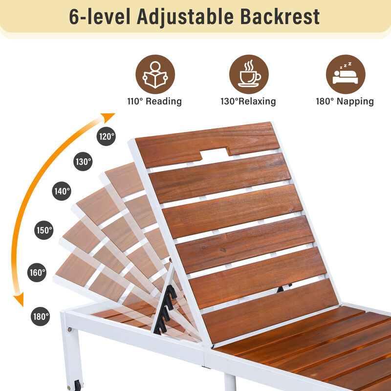 Merax Outdoor Chaise Lounge | 6-Position Adjustable Backrest, Steel Frame with Acacia Wood Slat Seat image number 3