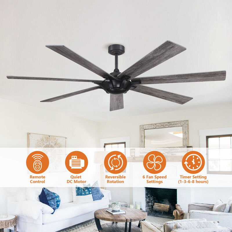 72 in. Matte Black Industrial Reversible Blades Ceiling Fan with Remote without Light