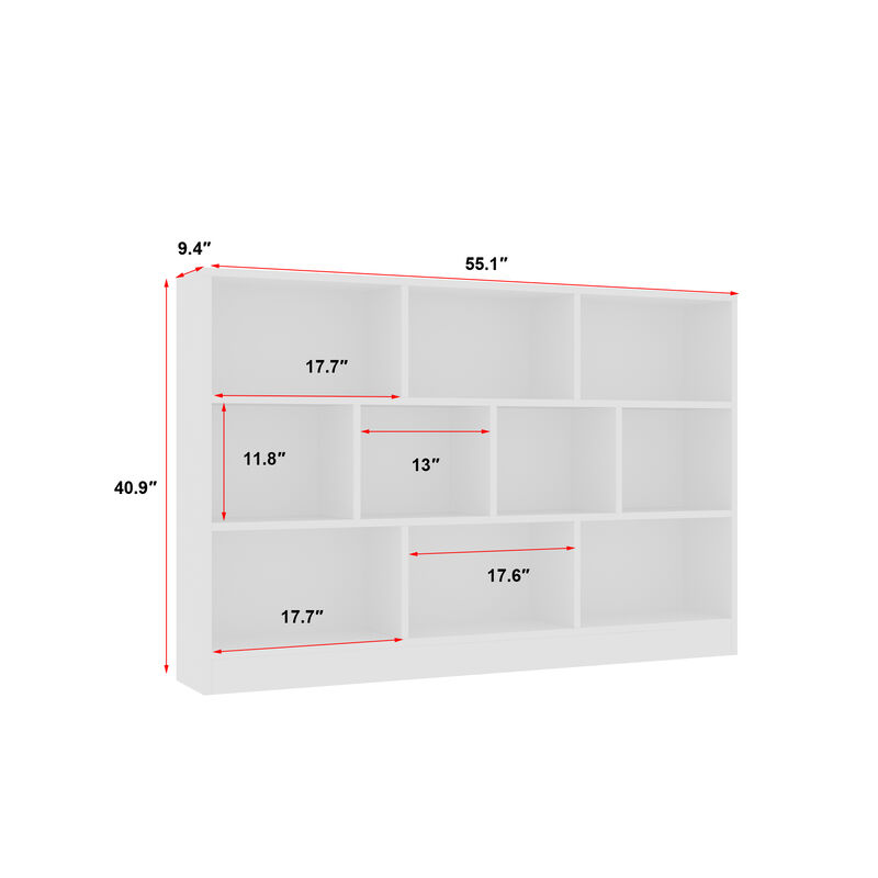 41.3 in. H x 55.1 in. W White Wood 10-Shelf Freestanding Standard Bookcase Display Bookshelf With Cubes