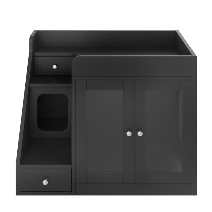 Whisen 32.6" Pet Furniture, Cat Litter Box Enclosure with 2 Drawers & Light, MDF Hidden Litter Cabinet, Indoor Cat House Table