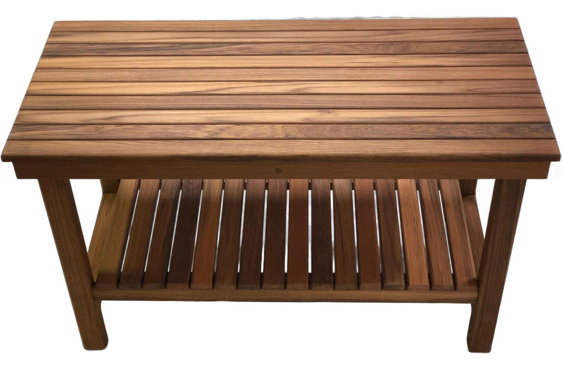 HomeRoots 18" X 25" Brown Teak Rectangular Shower Bench With Shelf