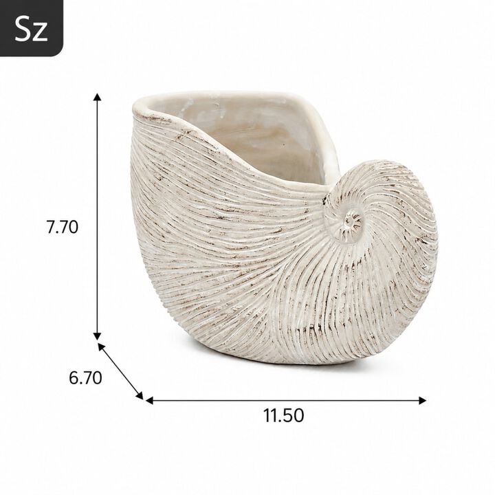 WOW PIONEER Decorative Sand and Cement Nautilus Shell Planter with Textured Beige Finish - 11.5x6.7x7.7 Inches for Coastal Decor