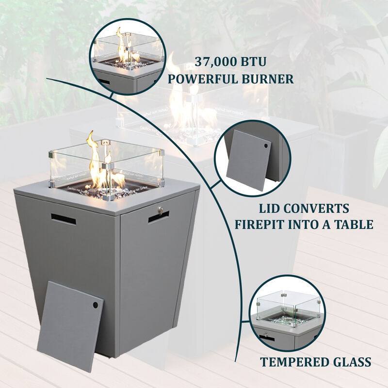 LeisureMod Marlin Modern Black Aluminum Outdoor Patio Chaise Lounge Chair in Grey Frame with Square Fire Pit Side Table