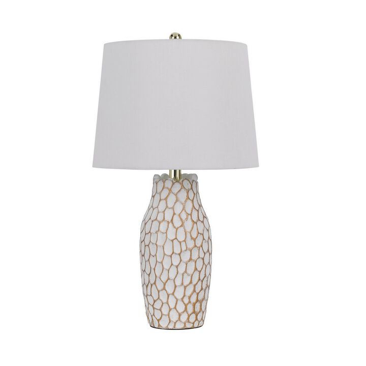 23 Inch Set of 2 Ceramic Accent Table Lamp, Hammered Base, White, Gold-Benzara