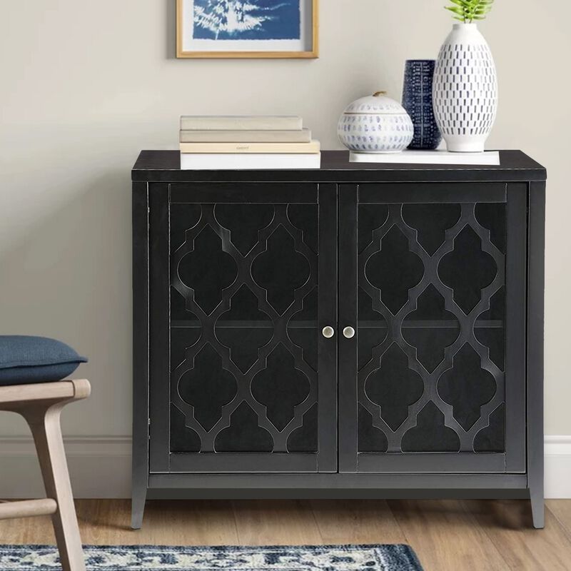 Storage Cabinet with 2 Doors and Quatrefoil Design, Black-Benzara