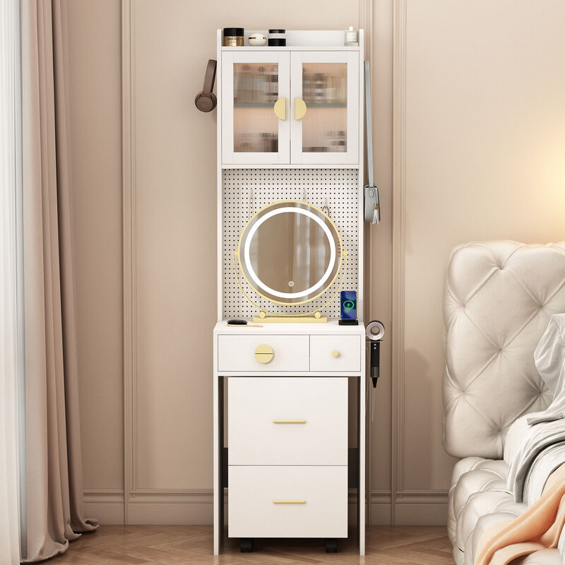 Small Vanity Desk with Mirror and LED Lights – Compact Makeup Table with Illuminated Mirror and Storage