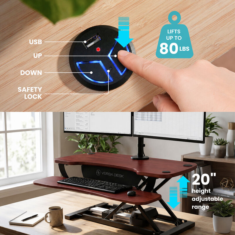 VersaDesk PowerPro Electric Height Adjustable Standing Desk Converter 36"W with USB Charging Port &ndash; Cherry image number 3