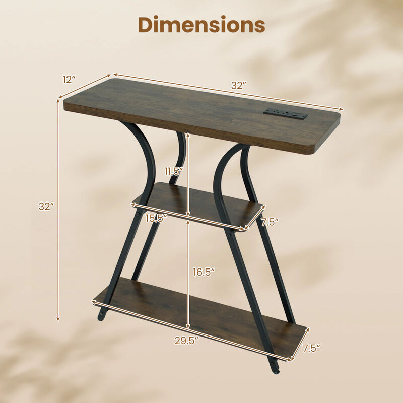 Narrow Console Table with LED Lights and Charging Station for Hallway-Brown image number 2