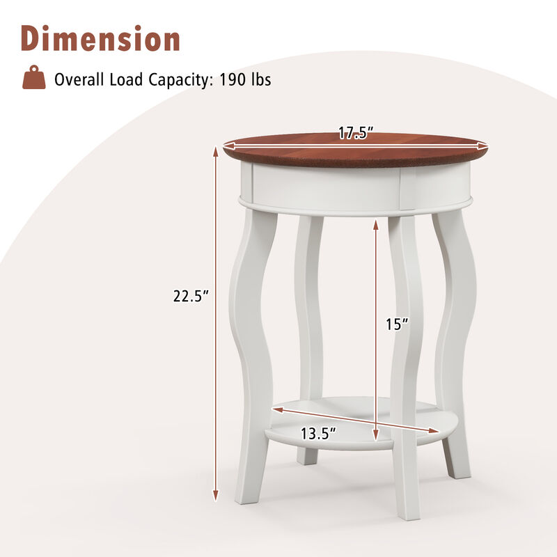 2-Tier Round End Table with Storage Shelf and Solid Rubber Wood Legs for Living Room or Bedroom