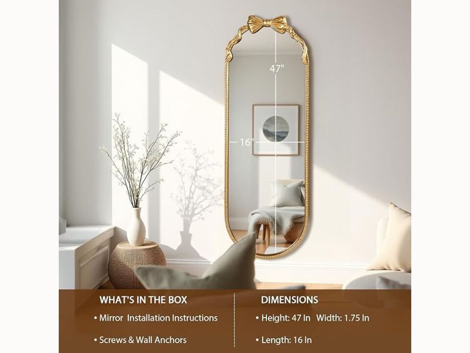 16"x47" Oval Full-Length Mirror – Gold Bow Beaded Frame for Bedroom, Entryway & Living Room (Wall-Mount Only)
