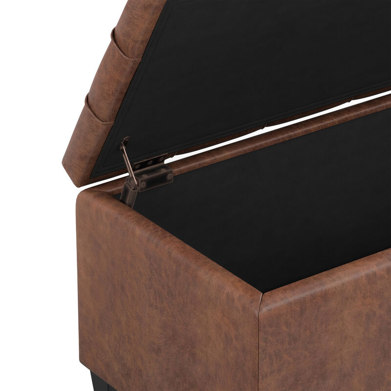 Sienna 33 inch Wide Transitional Rectangle Storage Ottoman Bench in Distressed Saddle Brown Vegan Faux Leather, Assembled image number 9