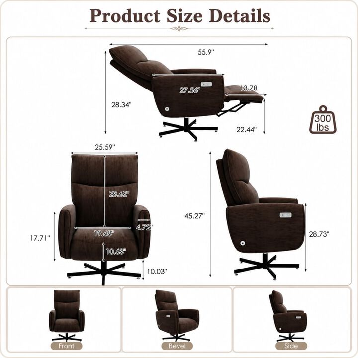GOODSILO Power Swivel Recliner Chair with USB & Type-C Charging, 360&deg; Swivel Electric Accent Chair for Home Office and Living Room Easy Assembly
