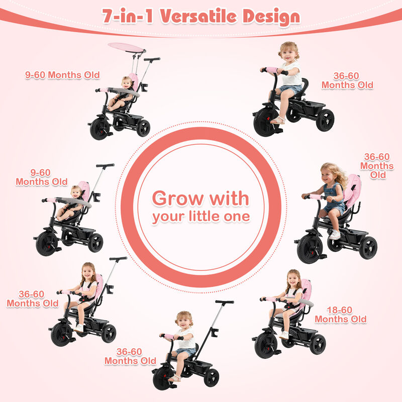 7-in-1 Baby Stroller Tricycle with Adjustable Canopy and Foldable Footrests image number 3