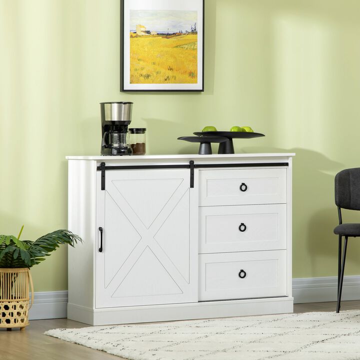 White Farmhouse Storage: Kitchen Sideboard with Barn Door & Drawers