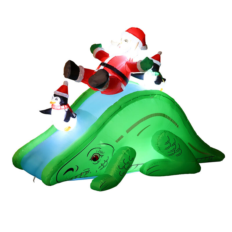 LuxenHome Santa and Penguins Trio Sliding on a Dinosaur Inflatable Holiday Decoration