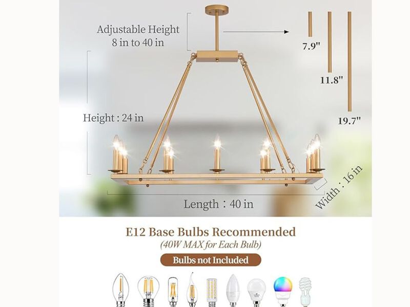 40" Gold Rectangle Chandelier – 12-Light Farmhouse Candle Fixture for Dining Room & Kitchen Island