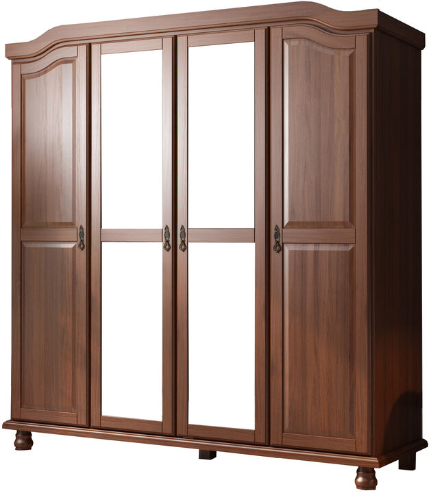 100% Solid Wood Kyle 4-Door Wardrobe with Mirrored Doors in Mocha