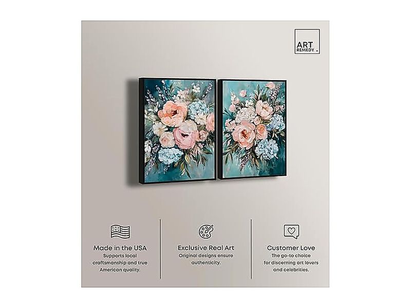 Blush Pink Whimsy 2 Panel Set Canvas Floral Wall Decor Black Frame 30 X 45 Inch image number 1