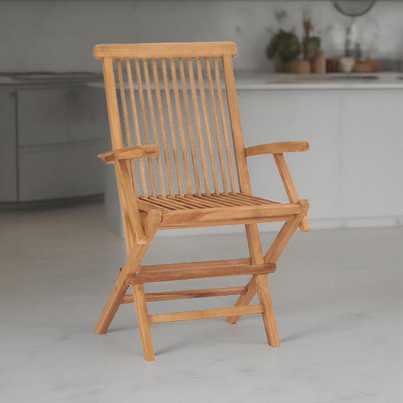 Hina Folding Outdoor ArmSet of 6, Brown Solid Teak Wood, Slatted - Benzara