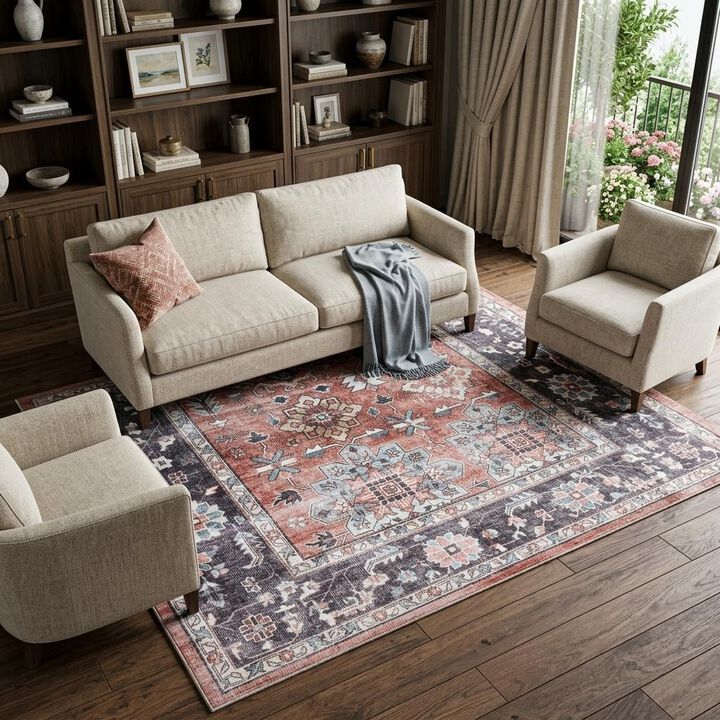 HomeRoots Floral Distressed Non Skid Area Rug