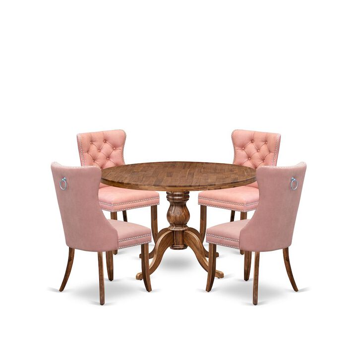 5-Pc Mid Century Dining Set Consist A Wood Table And 4 Beige Red Padded Chairs