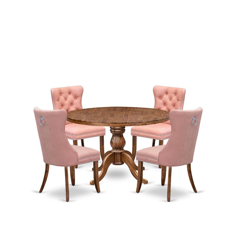 5-Pc Mid Century Dining Set Consist A Wood Table And 4 Beige Red Padded Chairs