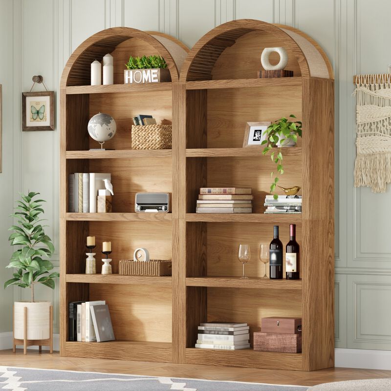 Merax Modern Open Display Cabinet Set with Arched Fabric Tops, Wood-Grain Back Panels image number 2