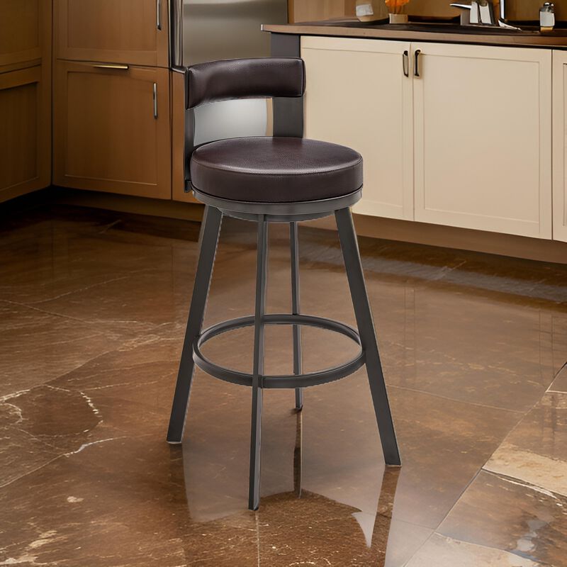 Ami 30 Inch Swivel Barstool Chair, Curved Open Back Brown Faux Leather - Benzara image number 5