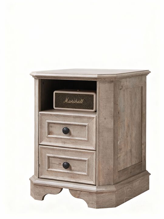 Farmhouse Nightstand with Charging Station, 18" 2-Drawer Wood Side Table