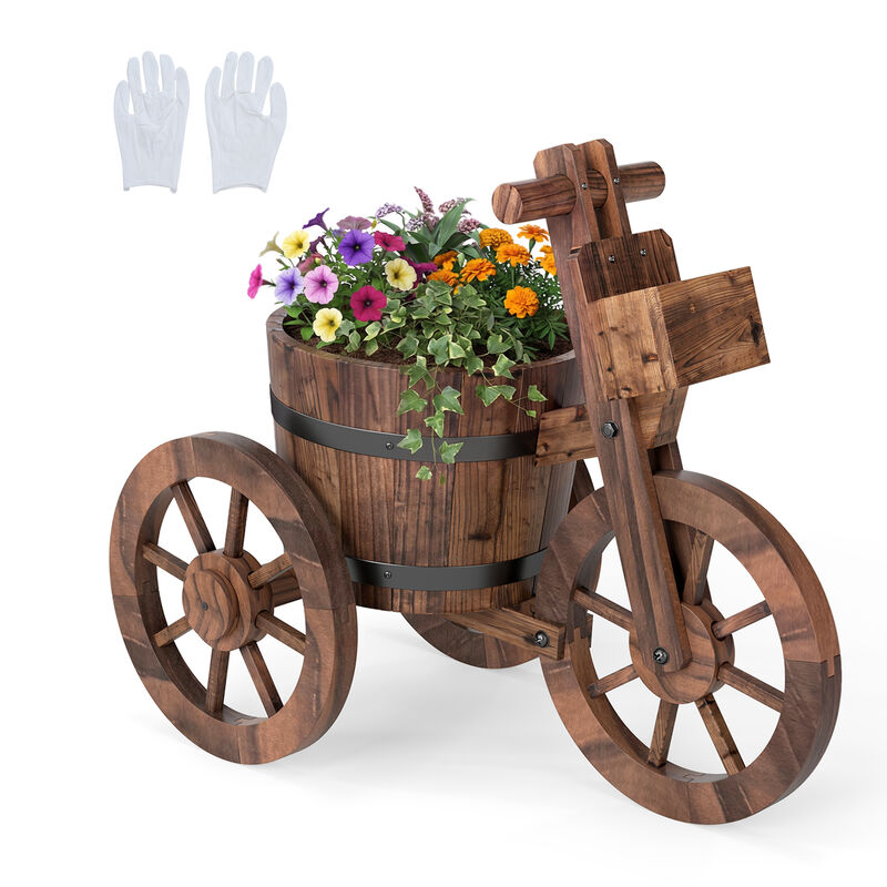 Wooden Tricycle Planter with Wheels and Built-In Storage Box-Coffee image number 3
