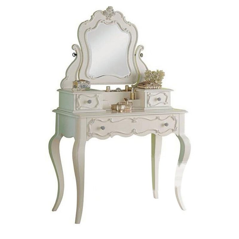 63 Inch Wood Classic Vanity Desk with Mirror, 3 Drawers, Carved, White