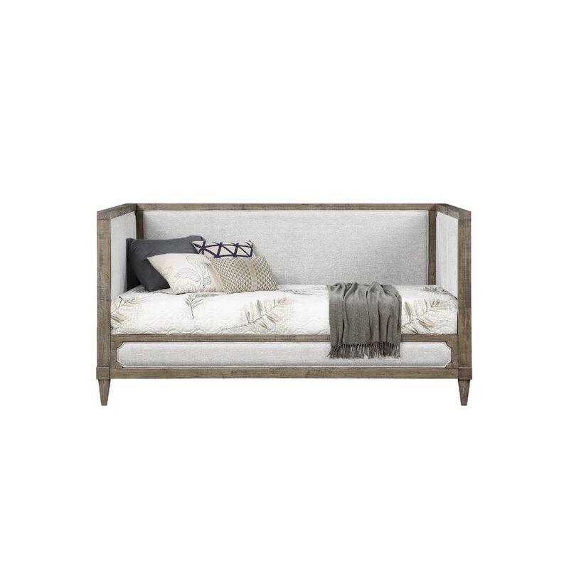 Daybed with Fabric Upholstery and Carvings, Weathered Brown image number 2