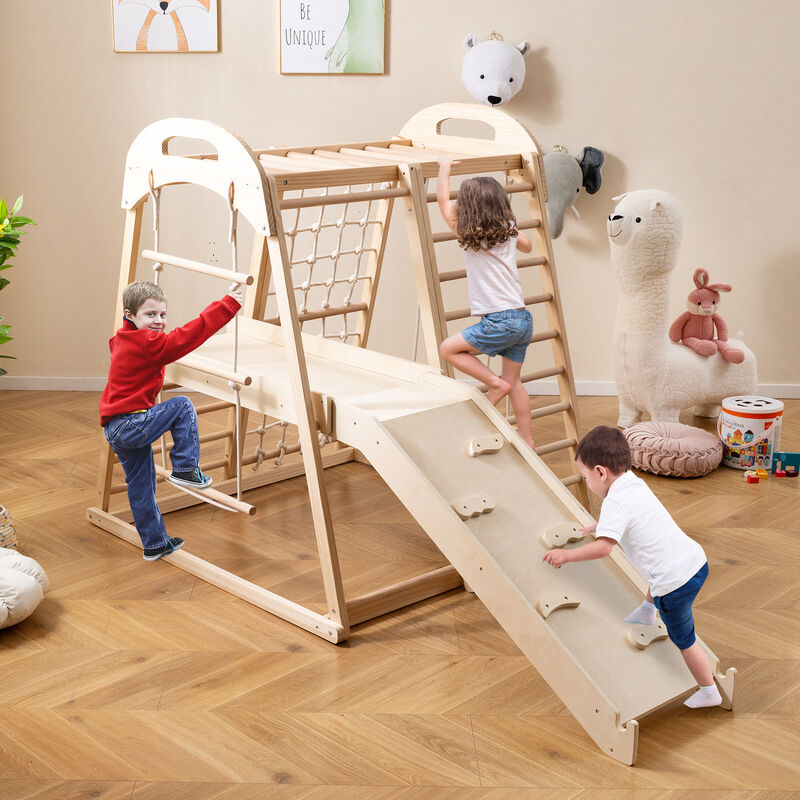 8-in-1 Kids Jungle Gym Montessori Wooden Playset with Slide & Monkey Bar Ages 3-5 Years image number 1