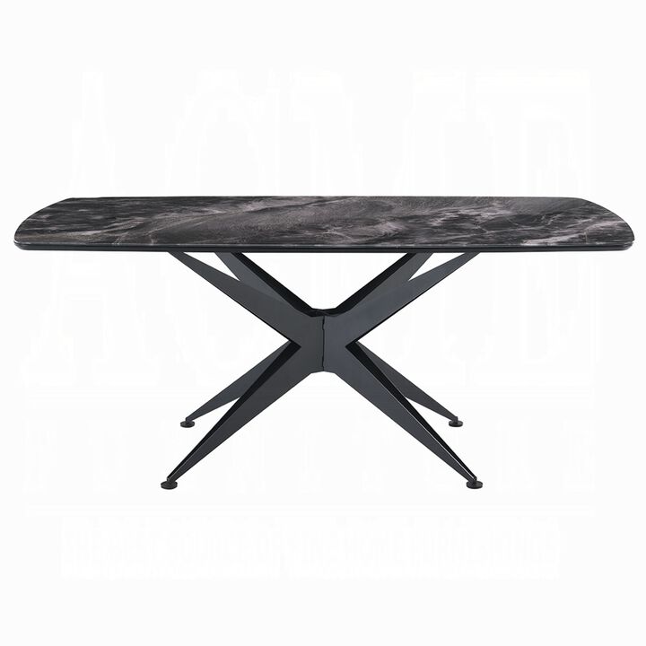Laus Dining Table, 71 Inch Crystal Glass Top, Black Geometric Base