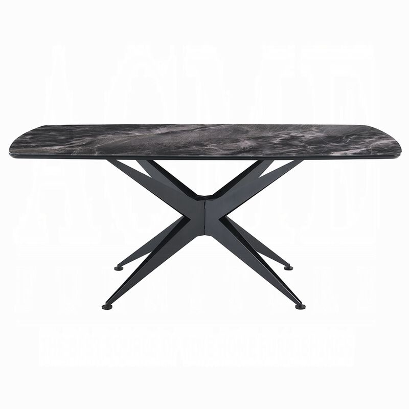Laus Dining Table, 71 Inch Crystal Glass Top, Black Geometric Base