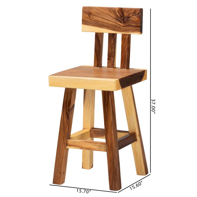 bali & pari Luli Suar Wood Counter Stool - Handcrafted Solid Wood Stool with Backrest, Rustic Modern Seating for Kitchen Island or Dining Area