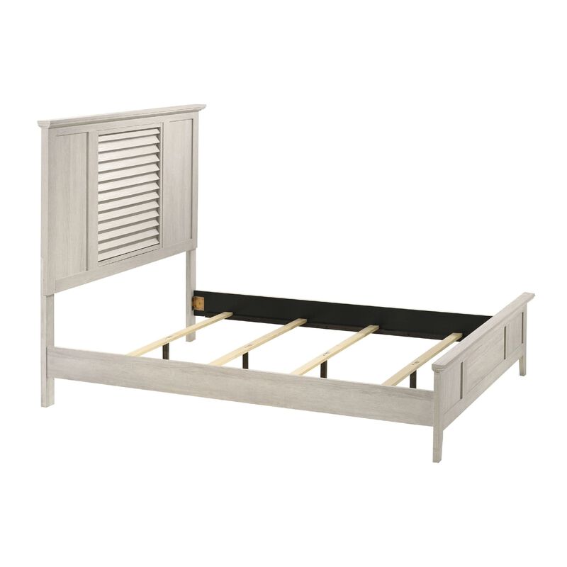Sary King Size Bed w Tall Louvered Headboard, Tapered Front Legs, Off White