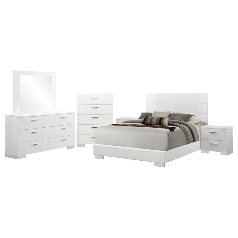 Sok 6pc Queen Bedroom Set with Dresser Mirror, White High Gloss Wood