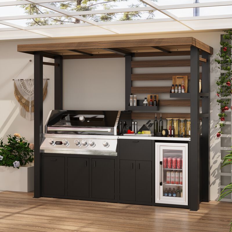 FUFU&GAGA Heavy-Duty Cedarwood BBQ Pavilion with Stainless Steel Countertop & Integrated Storage - Galvanized Steel Frame, Woodgrain Red/Brown & Black (89 in. W x 28.8 in. D x [Height] in. H) image number 2