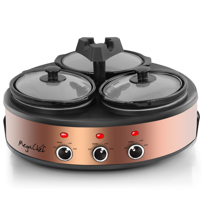 MegaChef Round Triple 1.5 Quart Slow Cooker and Buffet Server in Brushed Copper and Black Finish with 3 Ceramic Cooking Pots and Removable Lid Rests image number 7