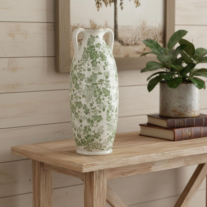 HomeRoots 16" Green And White Leaf Ceramic Amphora Table Vase